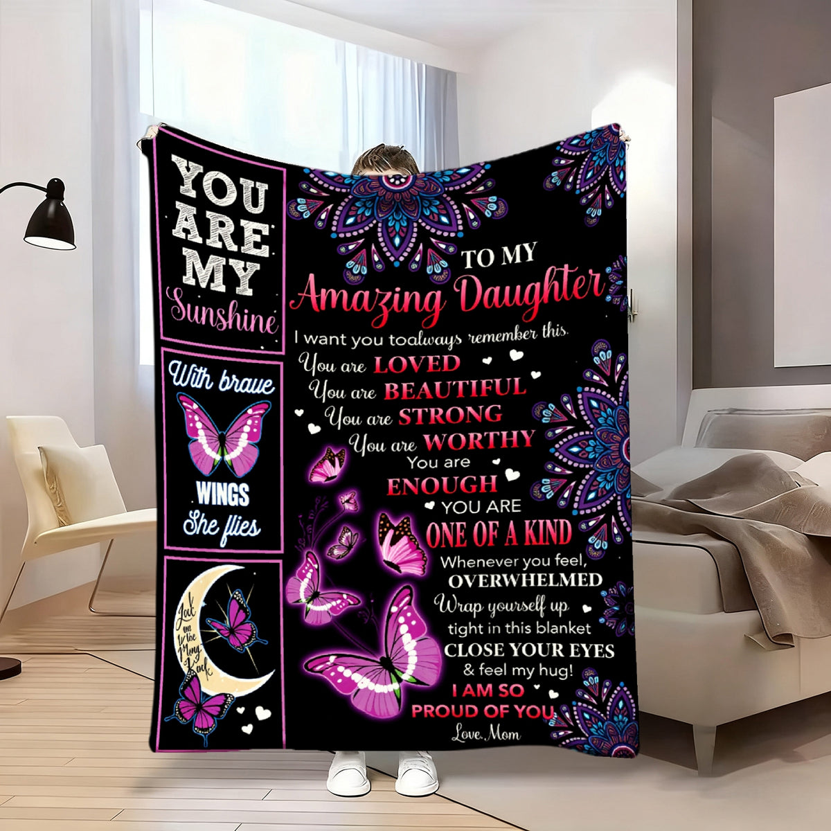 Aonana "To My Daughter" Butterfly Mandala Flannel Throw Blanket