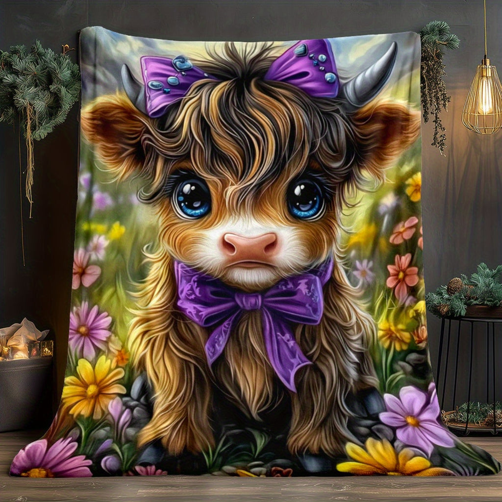 🐂【Highland Cow Series】Cute Bowknot Highland Cow Print Flannel Blanket Soft Warm Multi-purpose Gift Blanket For All Seasons