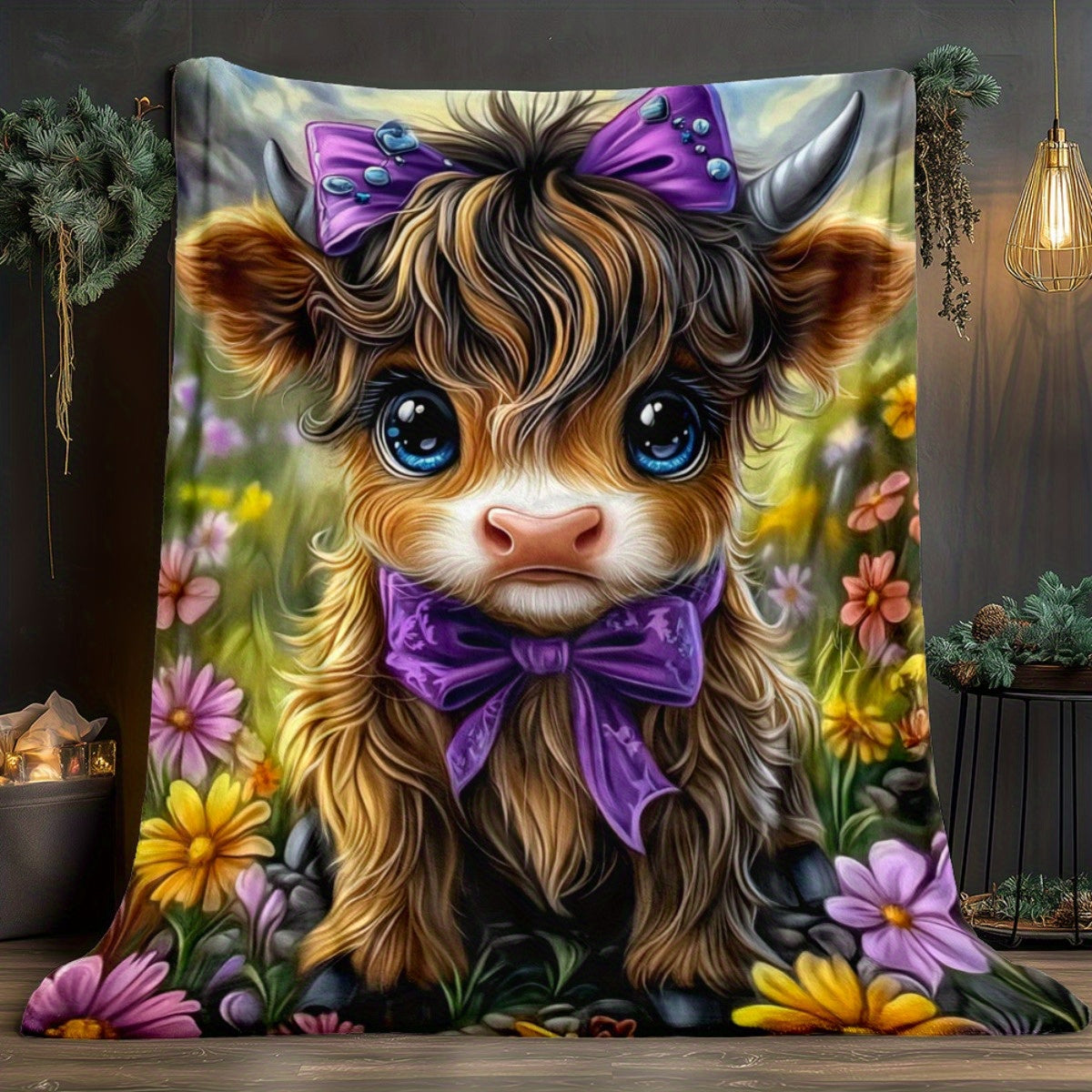 🐂【Highland Cow Series】Cute Bowknot Highland Cow Print Flannel Blanket Soft Warm Multi-purpose Gift Blanket For All Seasons