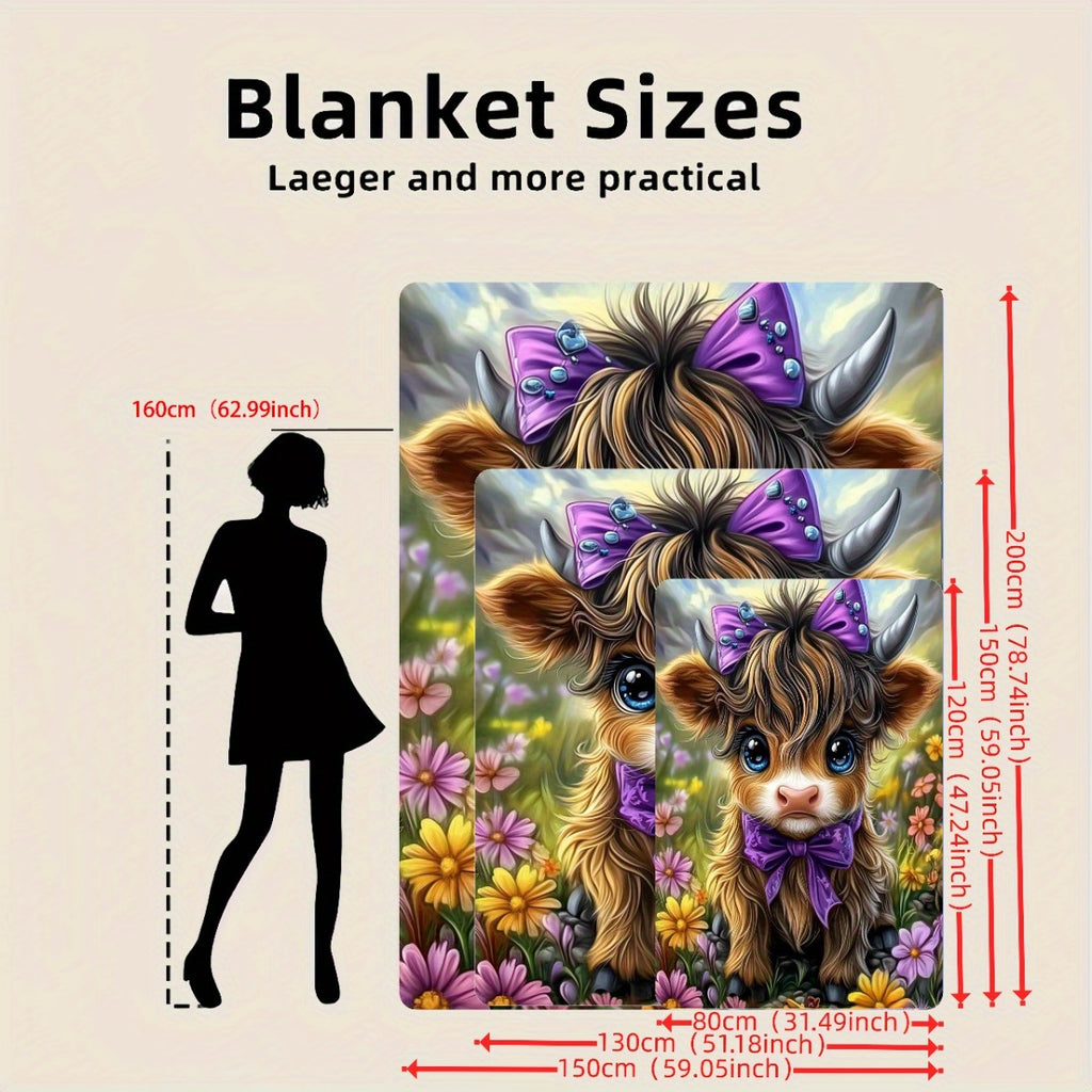 🐂【Highland Cow Series】Cute Bowknot Highland Cow Print Flannel Blanket Soft Warm Multi-purpose Gift Blanket For All Seasons