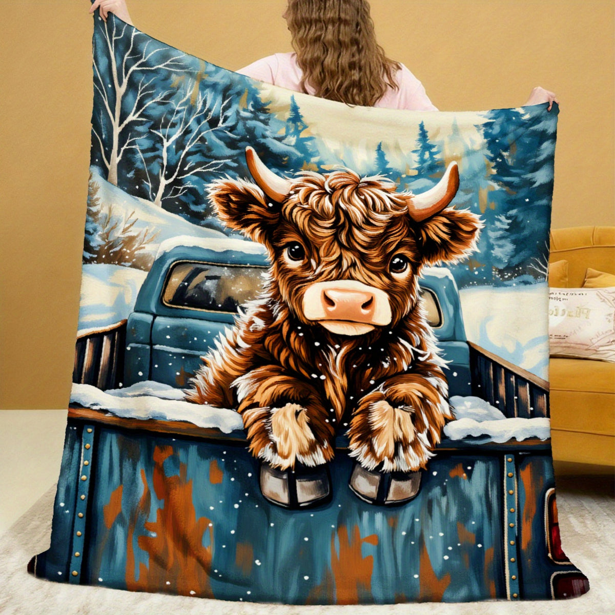 🐂【Highland Cow Series】Cute Bowknot Highland Cow Print Flannel Blanket Soft Warm Multi-purpose Gift Blanket For All Seasons