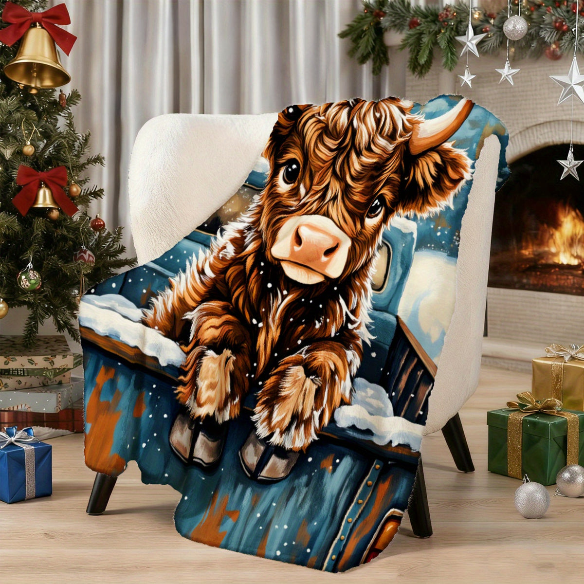 🐂【Highland Cow Series】Cute Bowknot Highland Cow Print Flannel Blanket Soft Warm Multi-purpose Gift Blanket For All Seasons