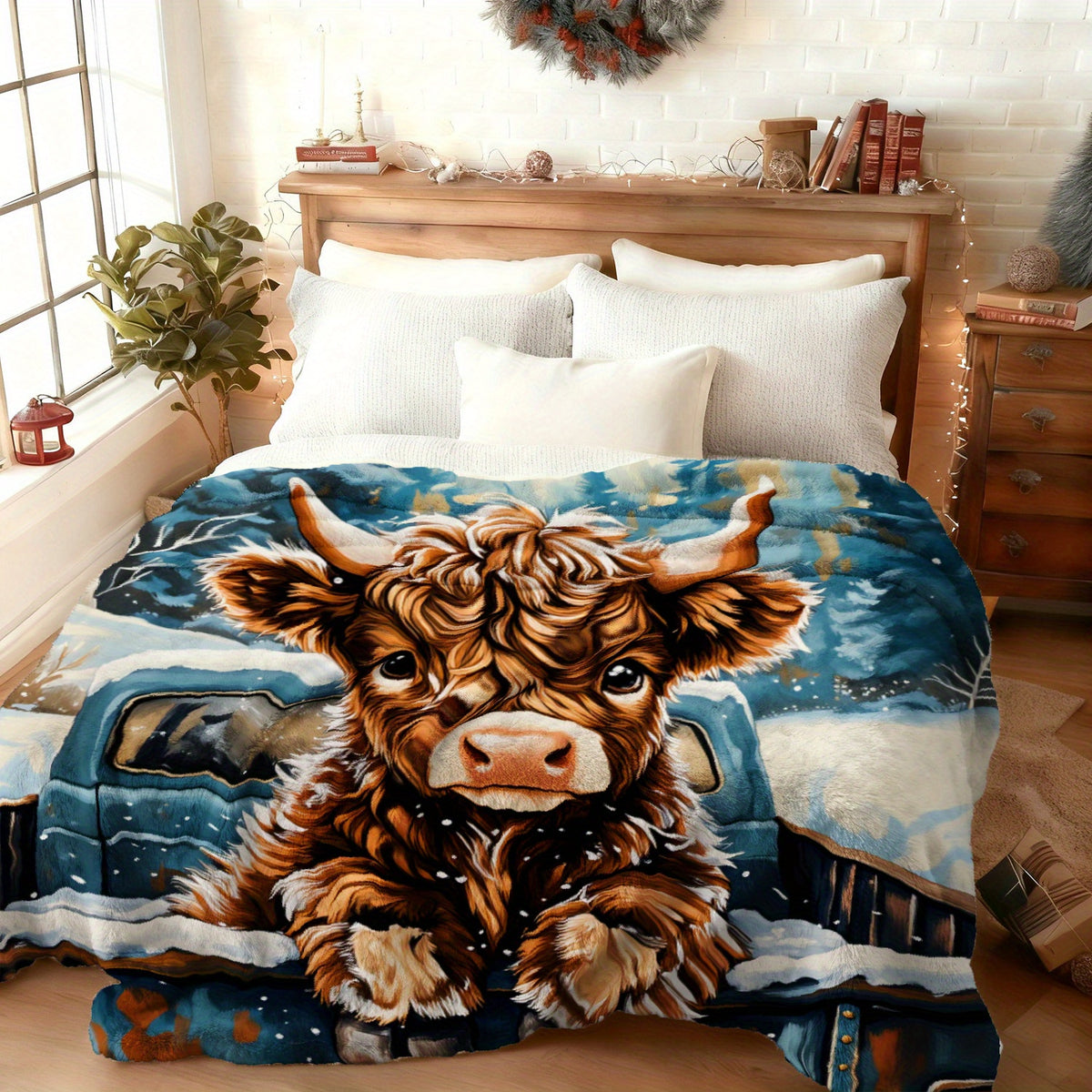 🐂【Highland Cow Series】Cute Bowknot Highland Cow Print Flannel Blanket Soft Warm Multi-purpose Gift Blanket For All Seasons