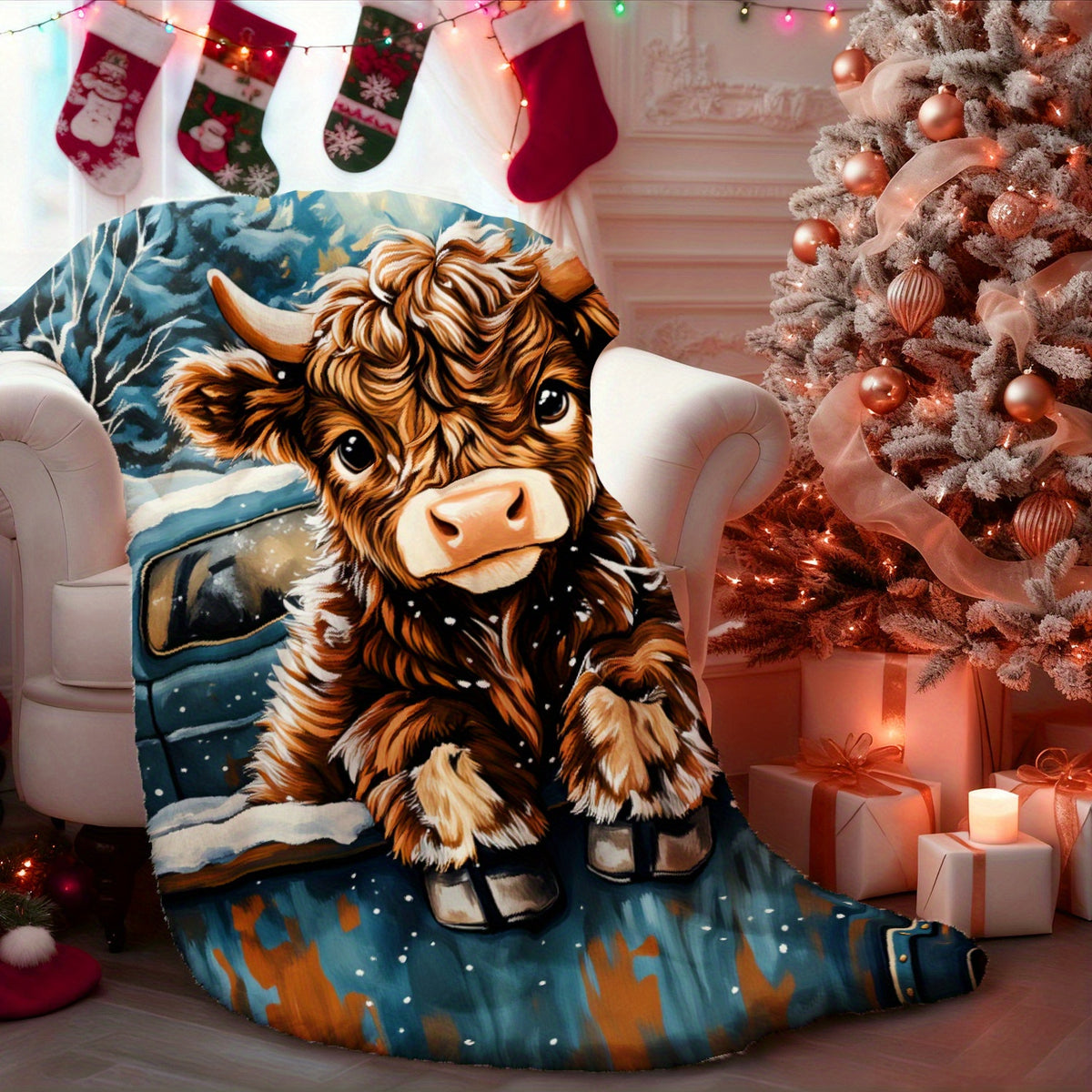 🐂【Highland Cow Series】Cute Bowknot Highland Cow Print Flannel Blanket Soft Warm Multi-purpose Gift Blanket For All Seasons