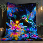 Aonana Hummingbird with Neon Flowers Flannel Throw Blanket