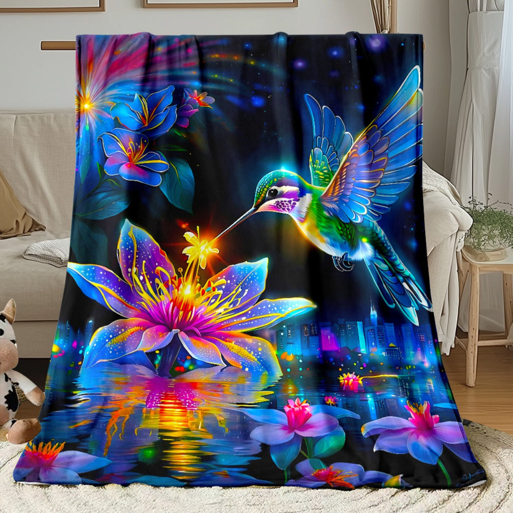 Aonana Hummingbird with Neon Flowers Flannel Throw Blanket