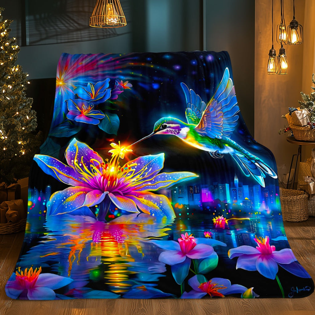 Aonana Hummingbird with Neon Flowers Flannel Throw Blanket