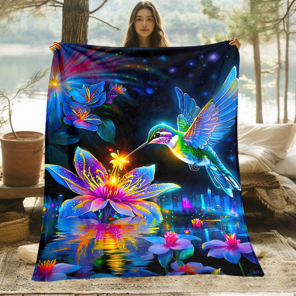 Aonana Hummingbird with Neon Flowers Flannel Throw Blanket