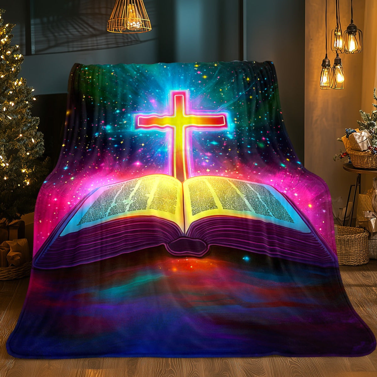 Aonana Cross and Bible Flannel Throw Blanket