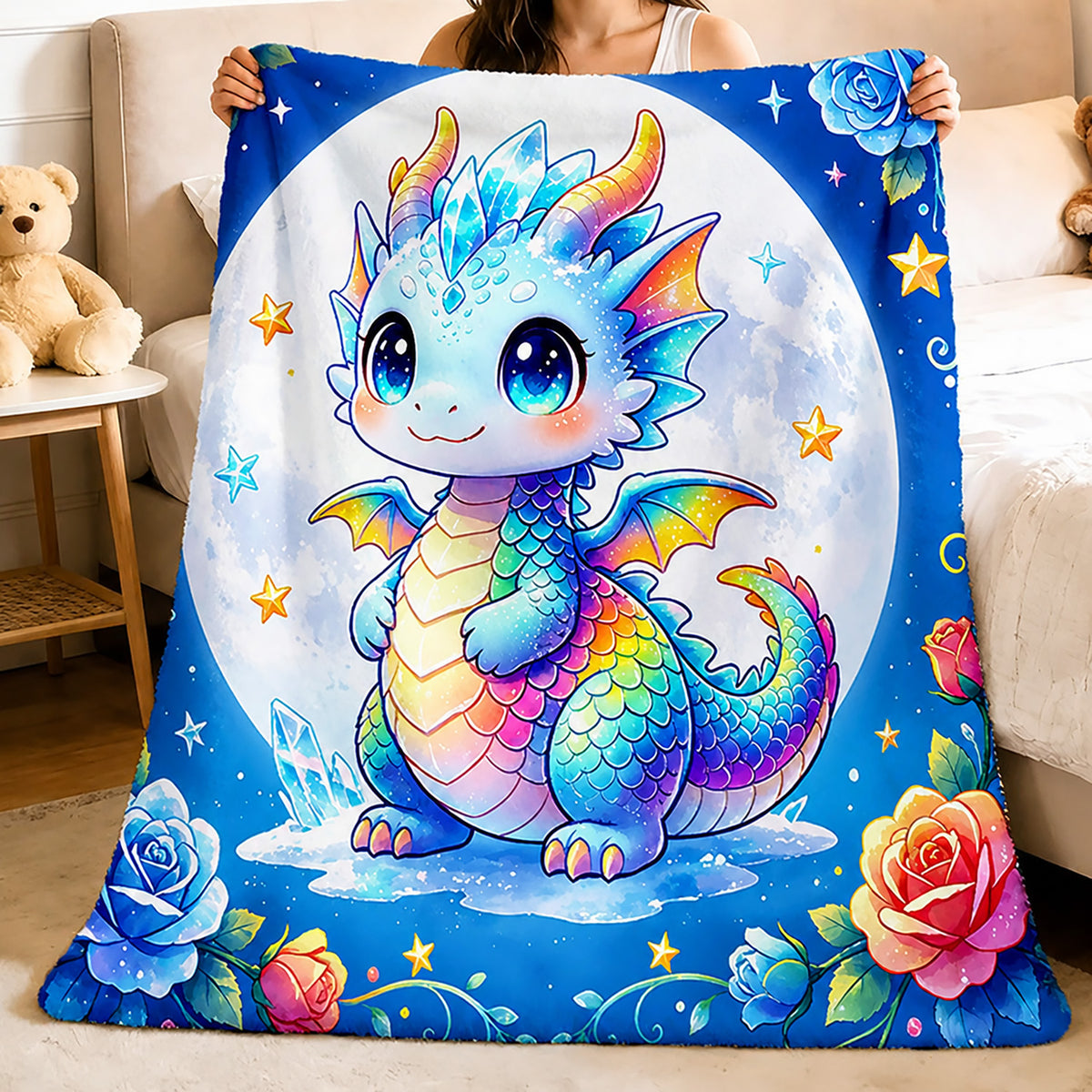 Aonana Rainbow Crystal Dragon Flannel Throw Blanket