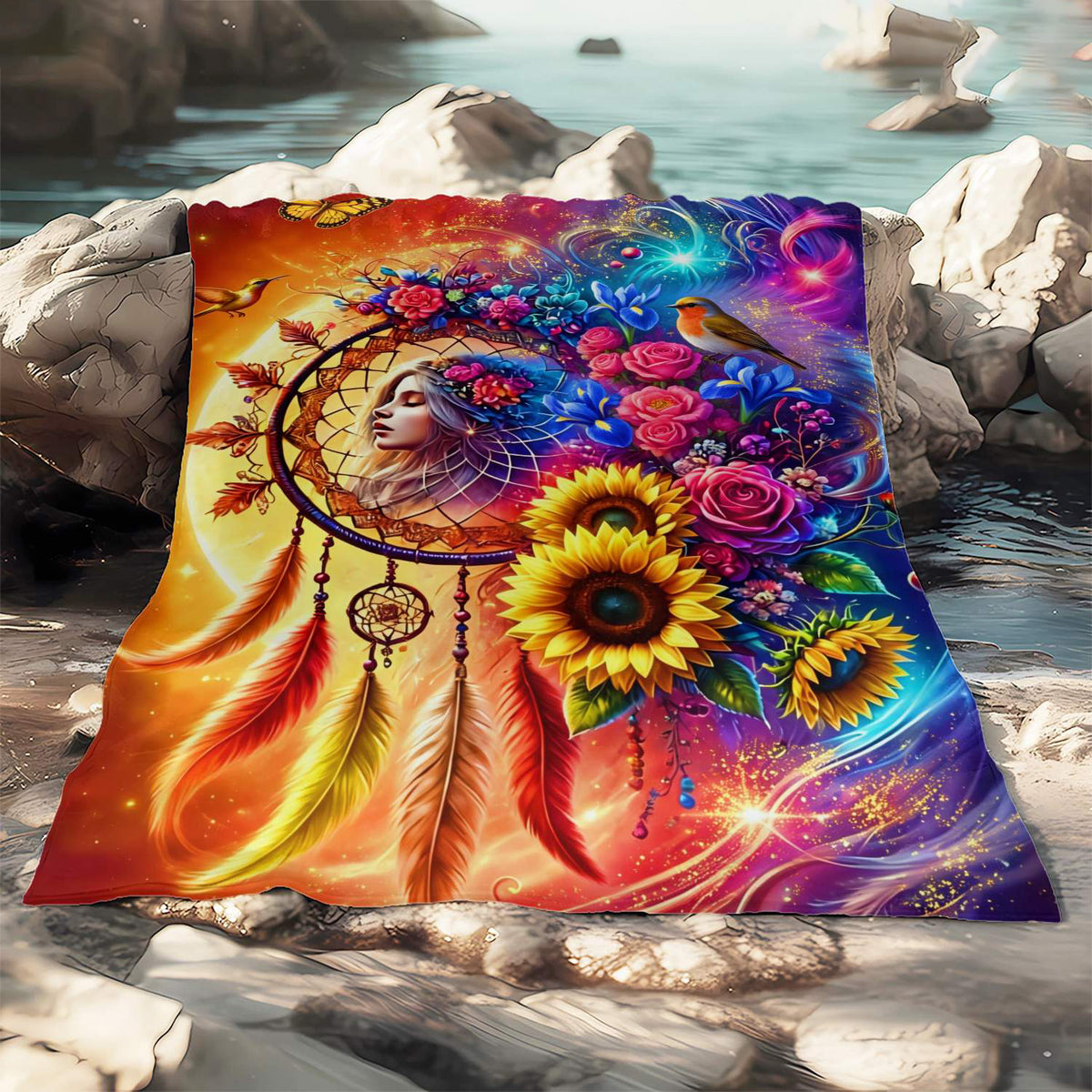 Aonana Dreamcatcher Floral Nebula Cozy Flannel Throw Blanket