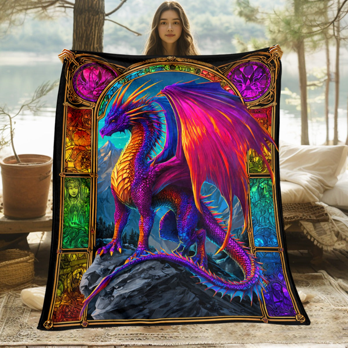 Aonana Fantasy Dragon Print Flannel Throw Blanket