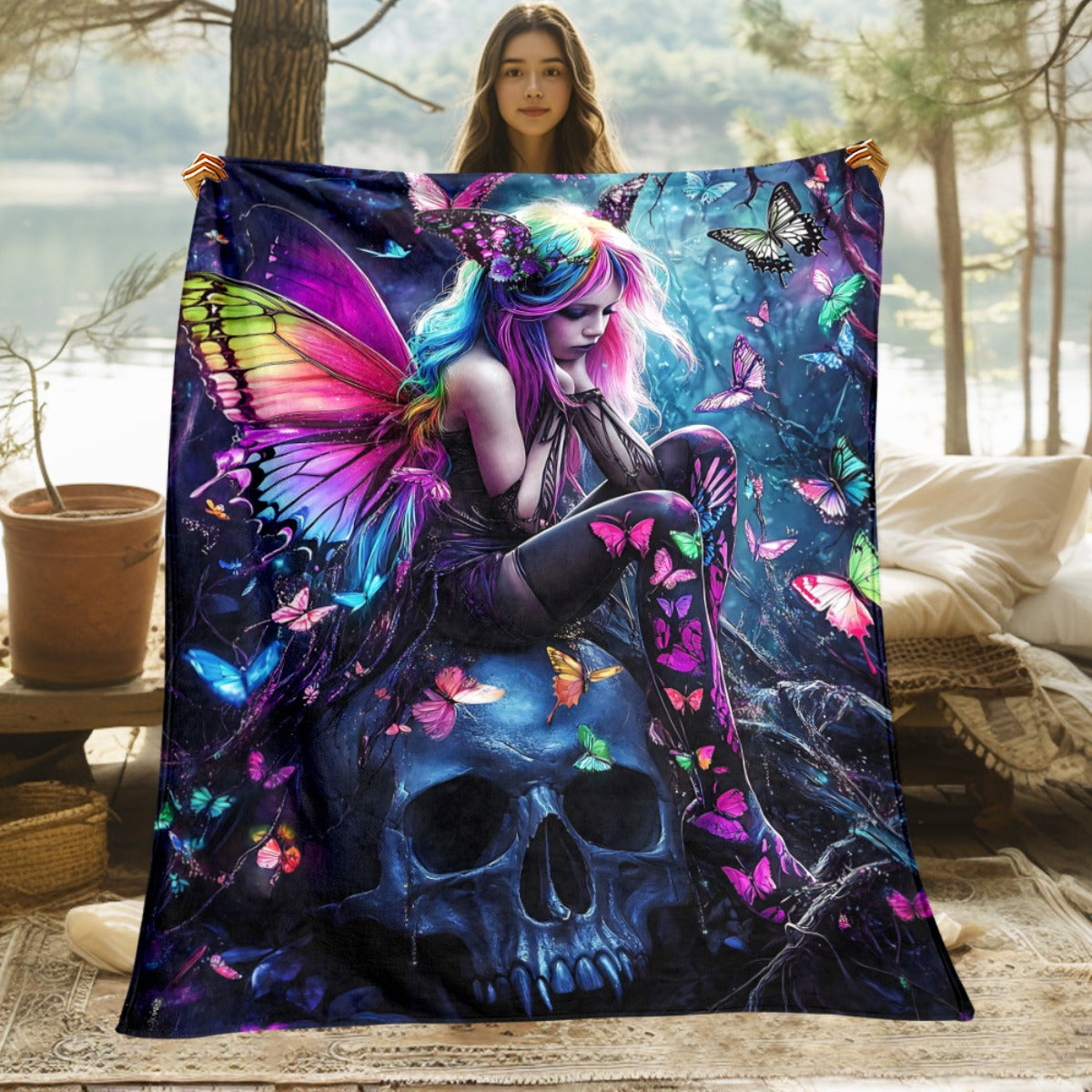 Aonana Fairy & Skull Gothic Fantasy Flannel Throw Blanket