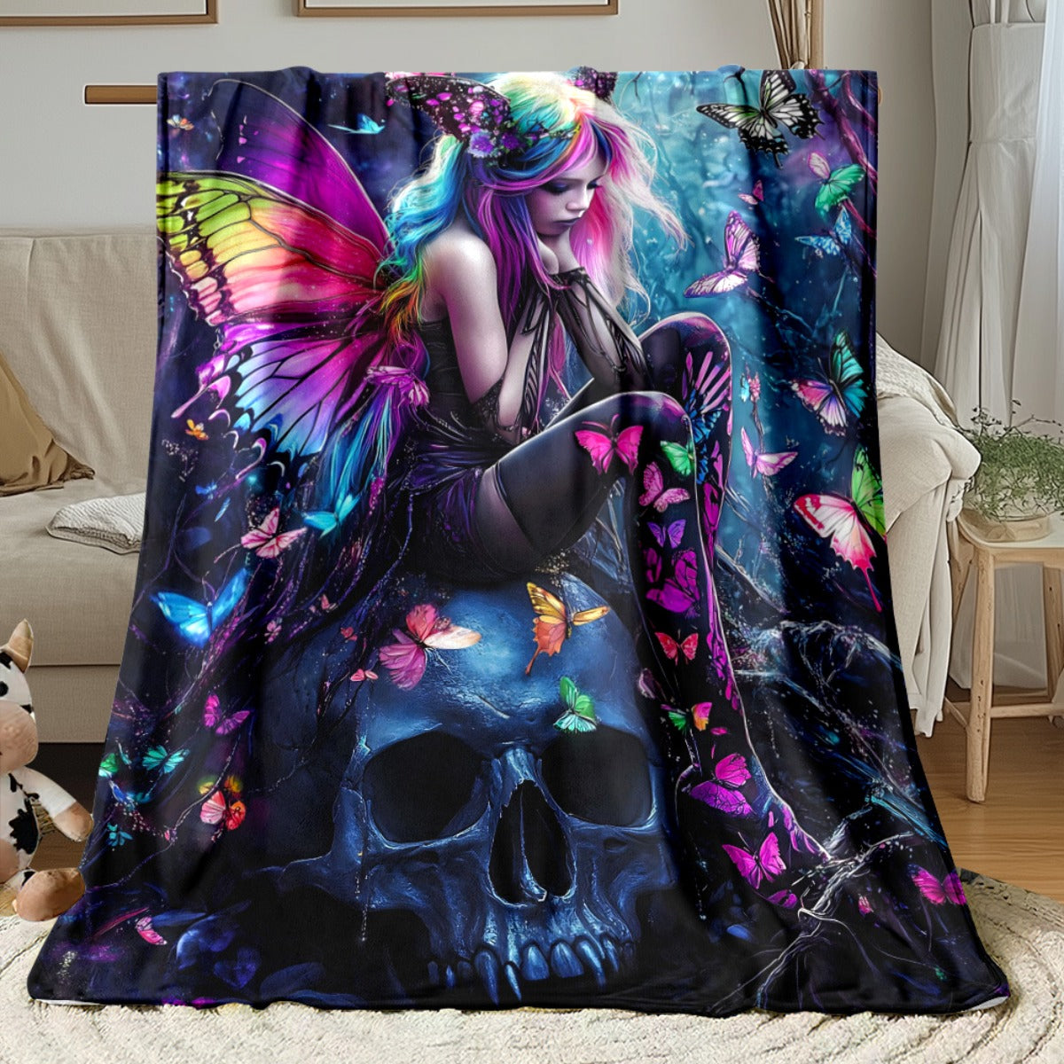 Aonana Fairy & Skull Gothic Fantasy Flannel Throw Blanket