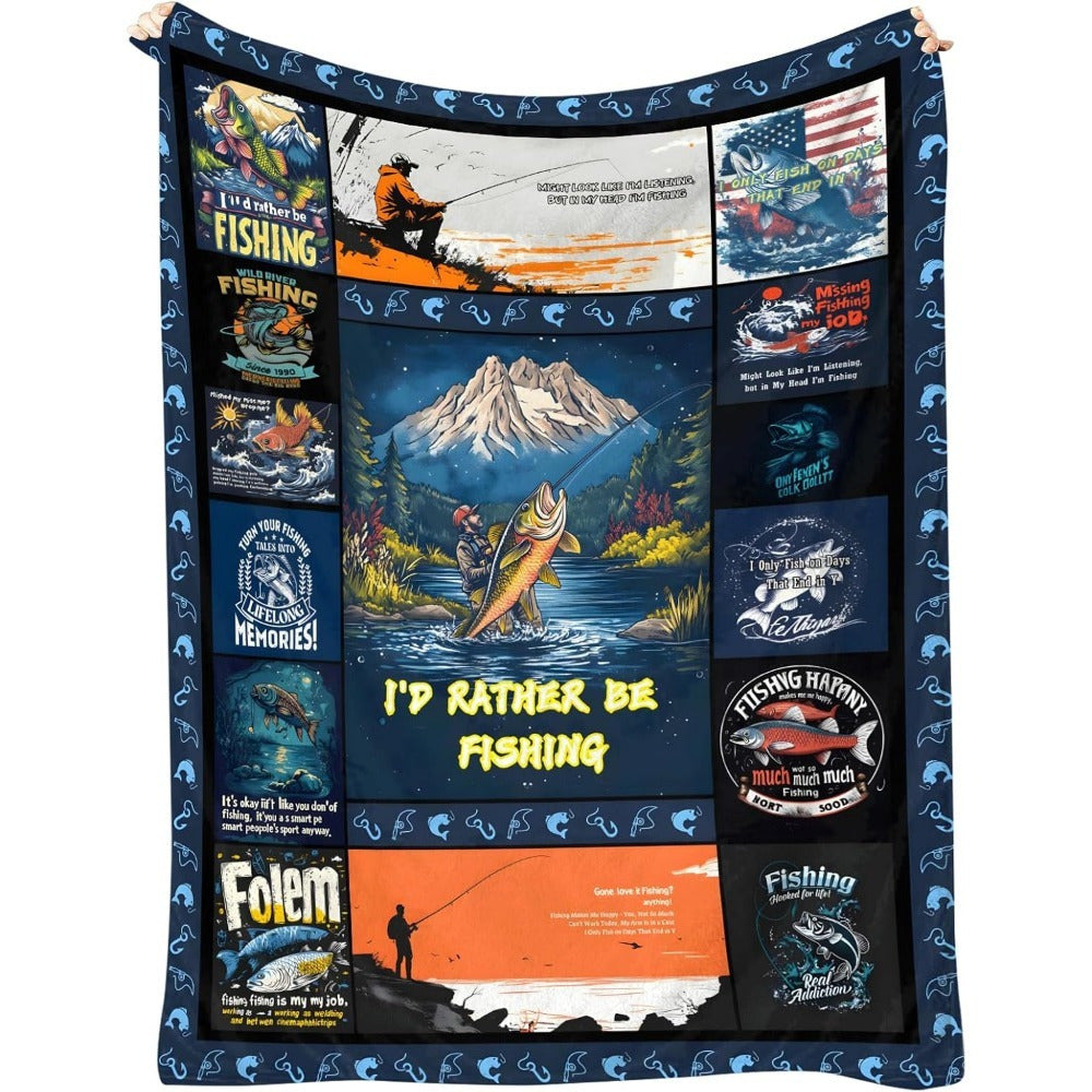 Aonana "I'd Rather Be Fishing" Flannel Throw Blanket