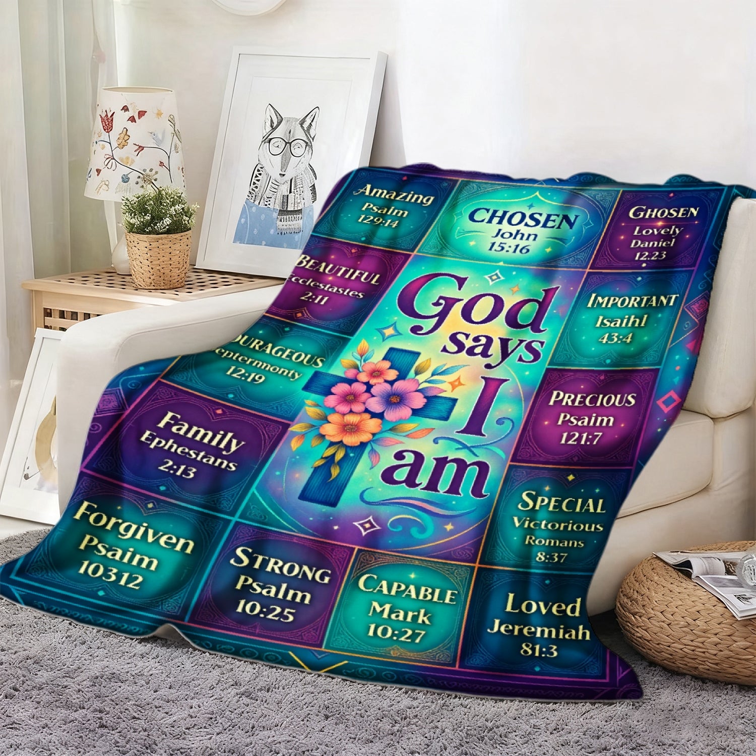Aonana Christian “God Says I Am” Printed Flannel Blanket