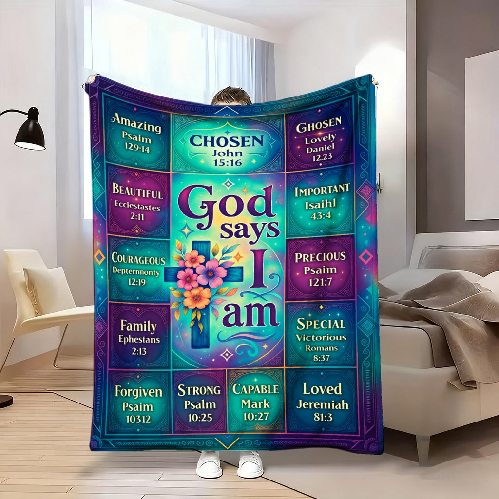 Aonana Christian “God Says I Am” Printed Flannel Blanket
