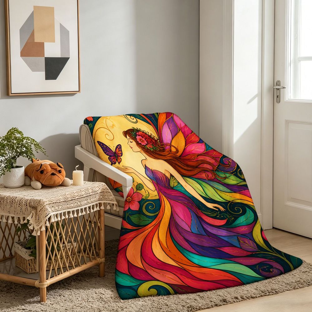 Aonana Psychedelic Fairy Fantasy Flannel Throw Blanket