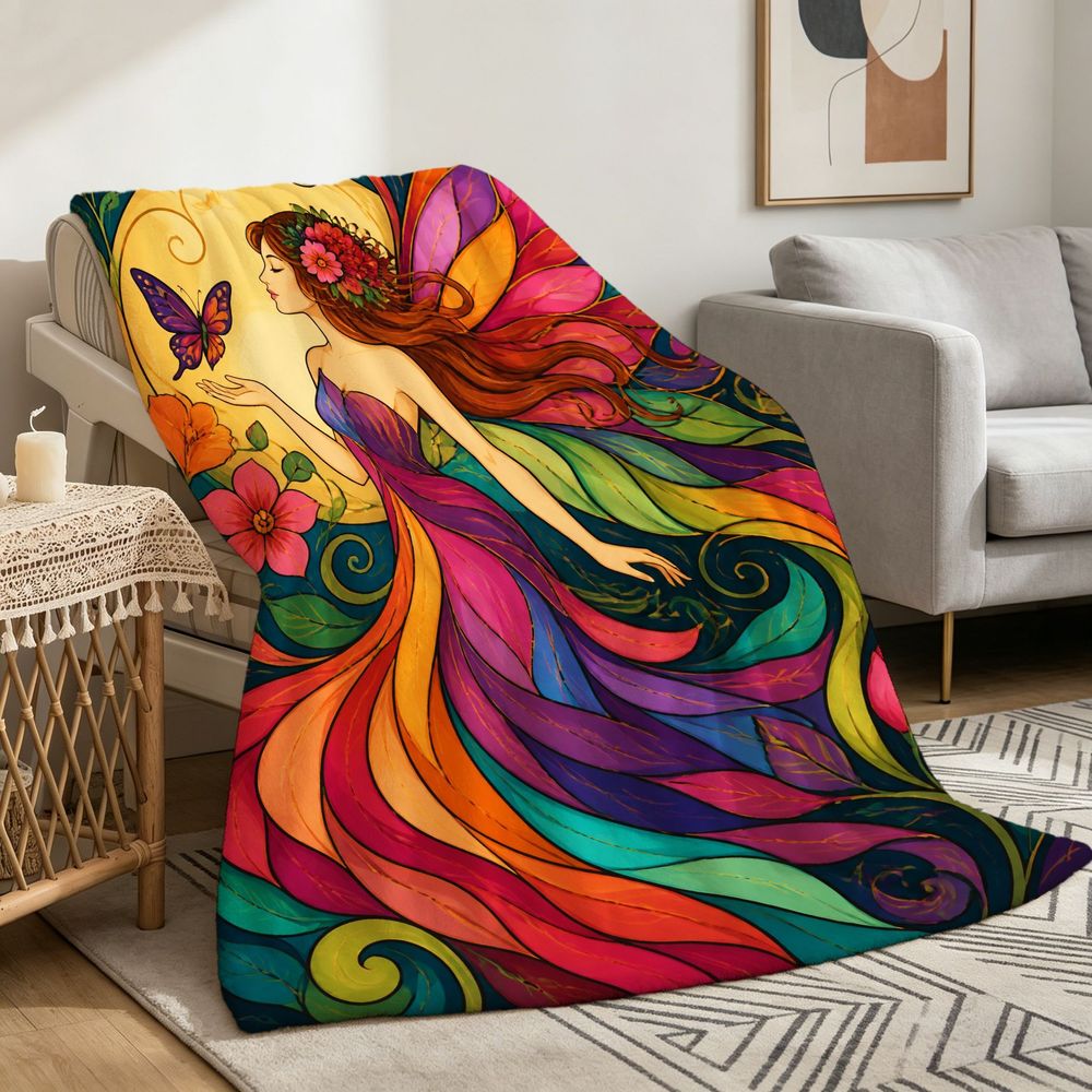 Aonana Psychedelic Fairy Fantasy Flannel Throw Blanket