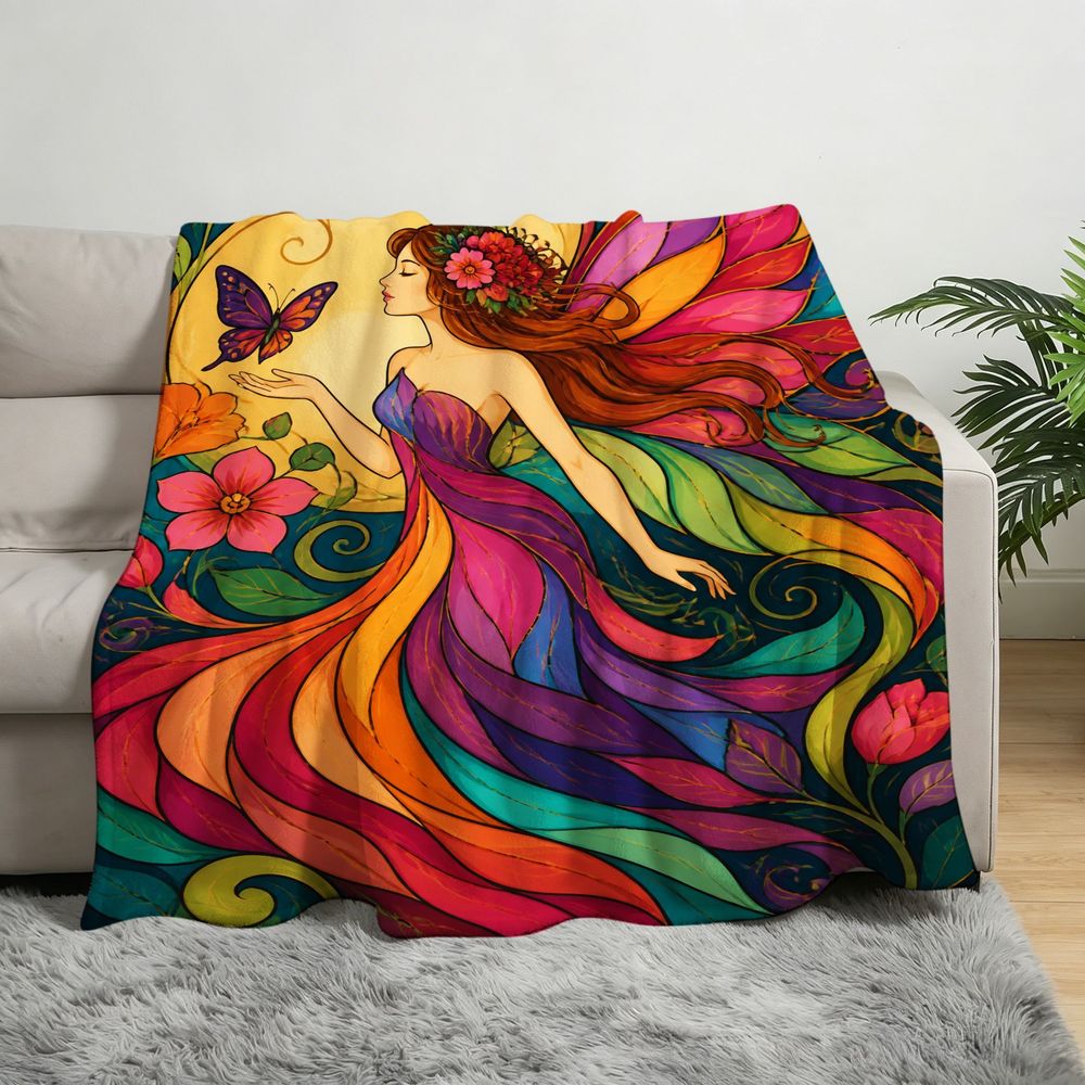Aonana Psychedelic Fairy Fantasy Flannel Throw Blanket