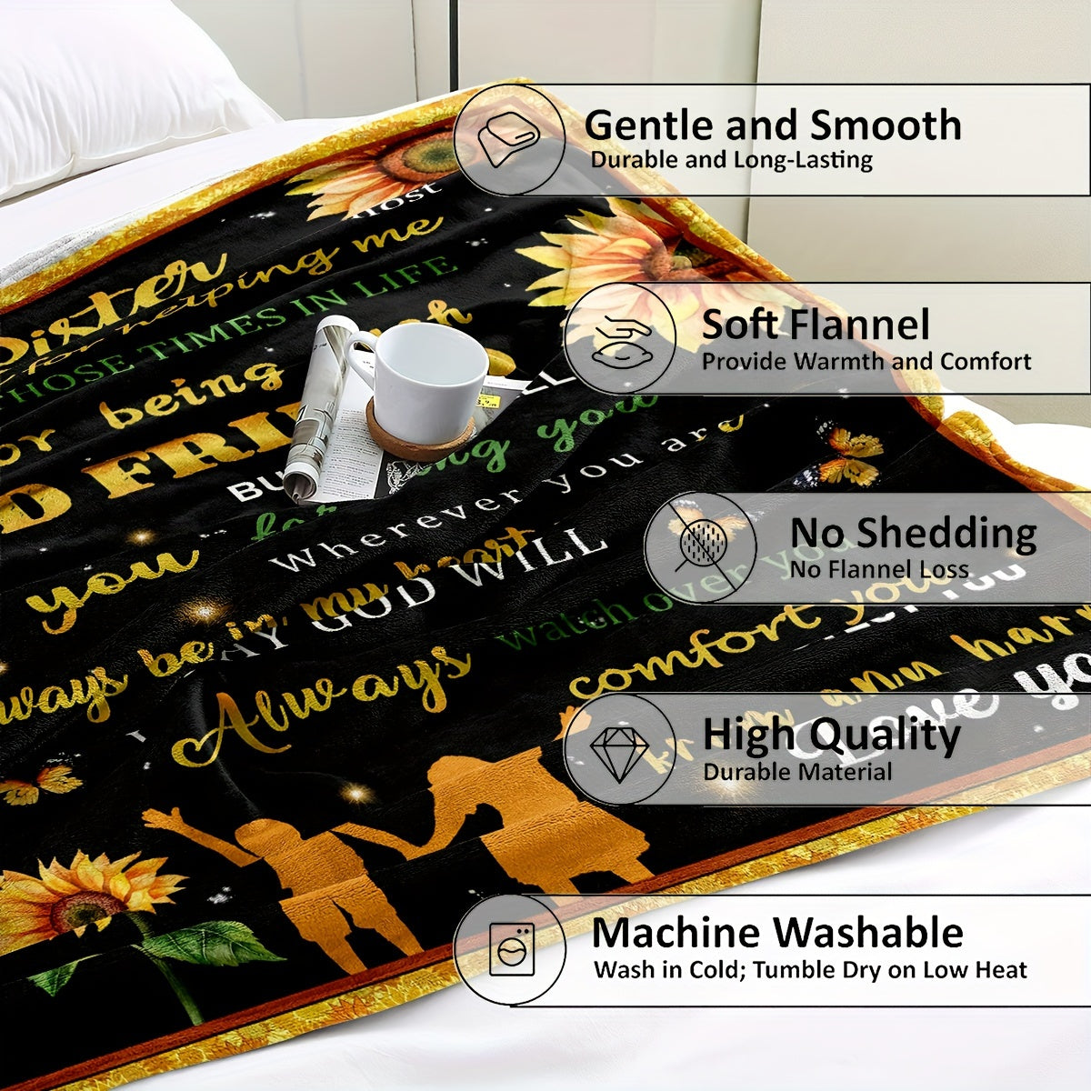 Aonana “To My Sister” Sunflower & Butterfly Inspirational Flannel Throw Blanket
