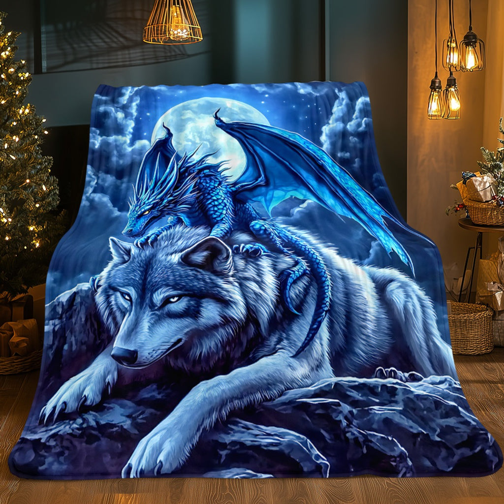 Aonana Dragon And Wolf Fantasy Flannel Throw Blanket