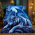 Aonana Dragon And Wolf Fantasy Flannel Throw Blanket