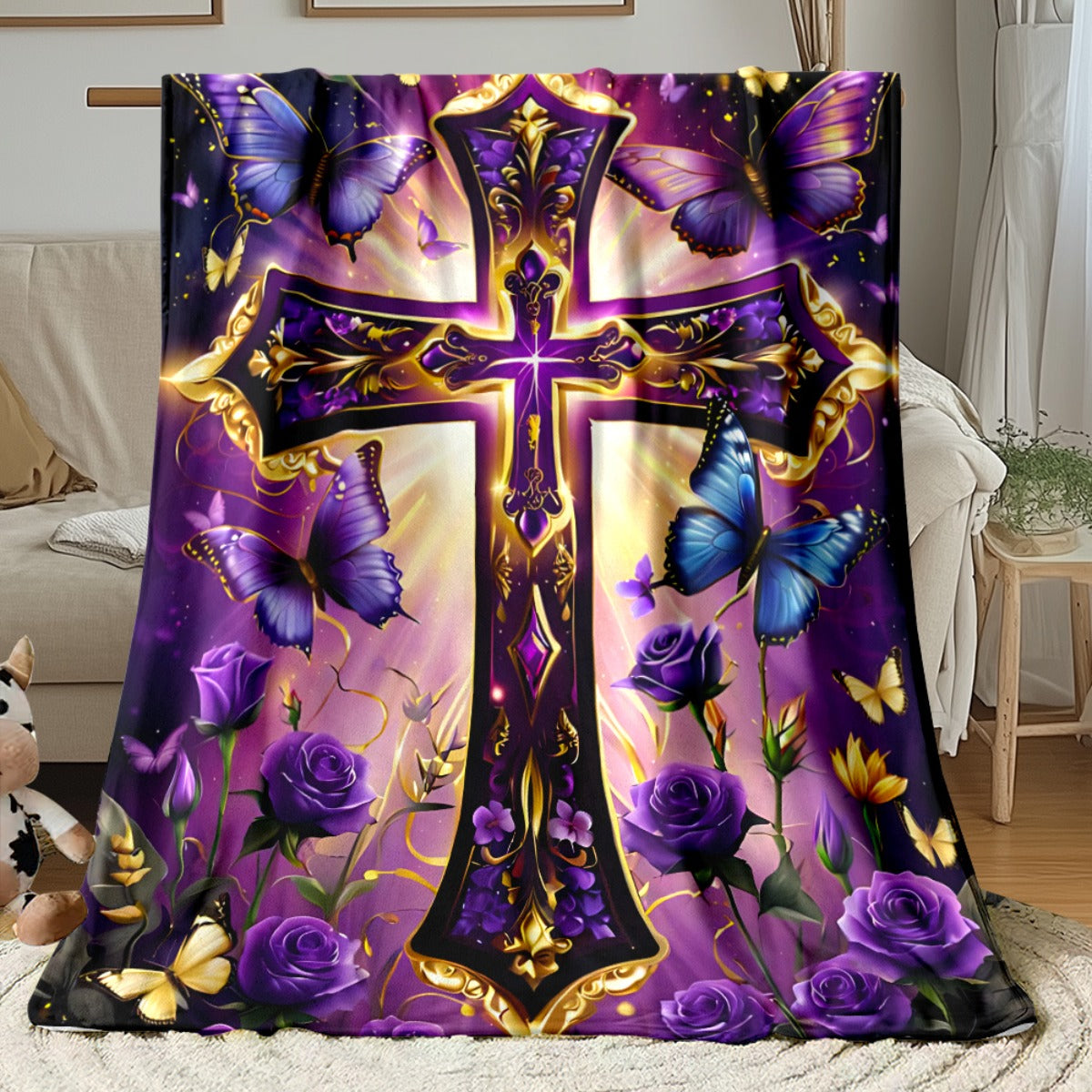 Aonana Cross and Bible Flannel Throw Blanket