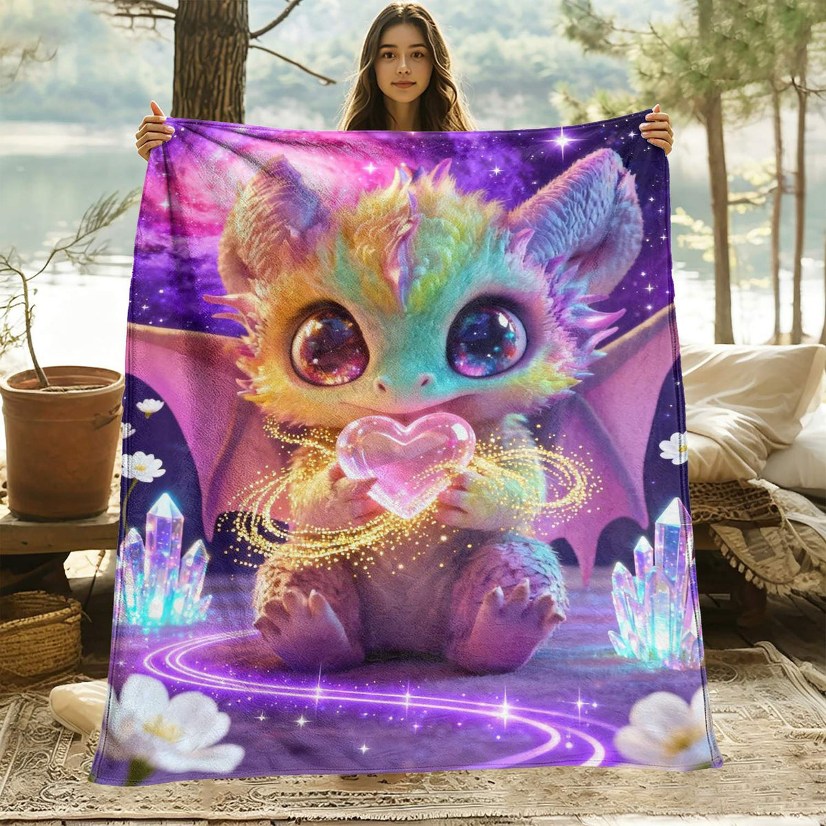 Aonana Rainbow Crystal Dragon Flannel Throw Blanket