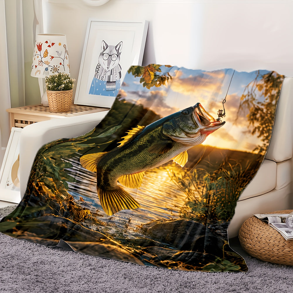 Aonana Big Bass Fishing Flannel Throw Blanket