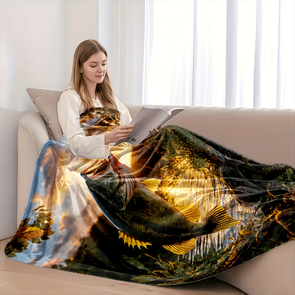 Aonana Big Bass Fishing Flannel Throw Blanket