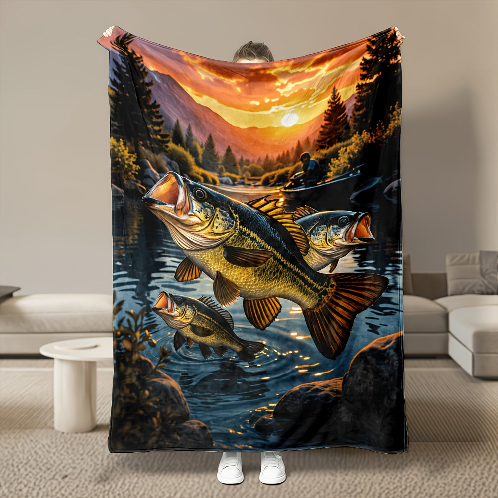 Aonana Big Bass Fishing Flannel Throw Blanket
