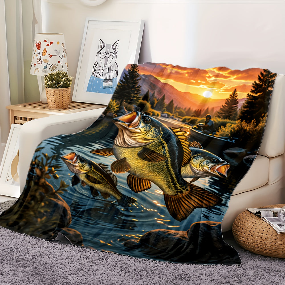 Aonana Big Bass Fishing Flannel Throw Blanket
