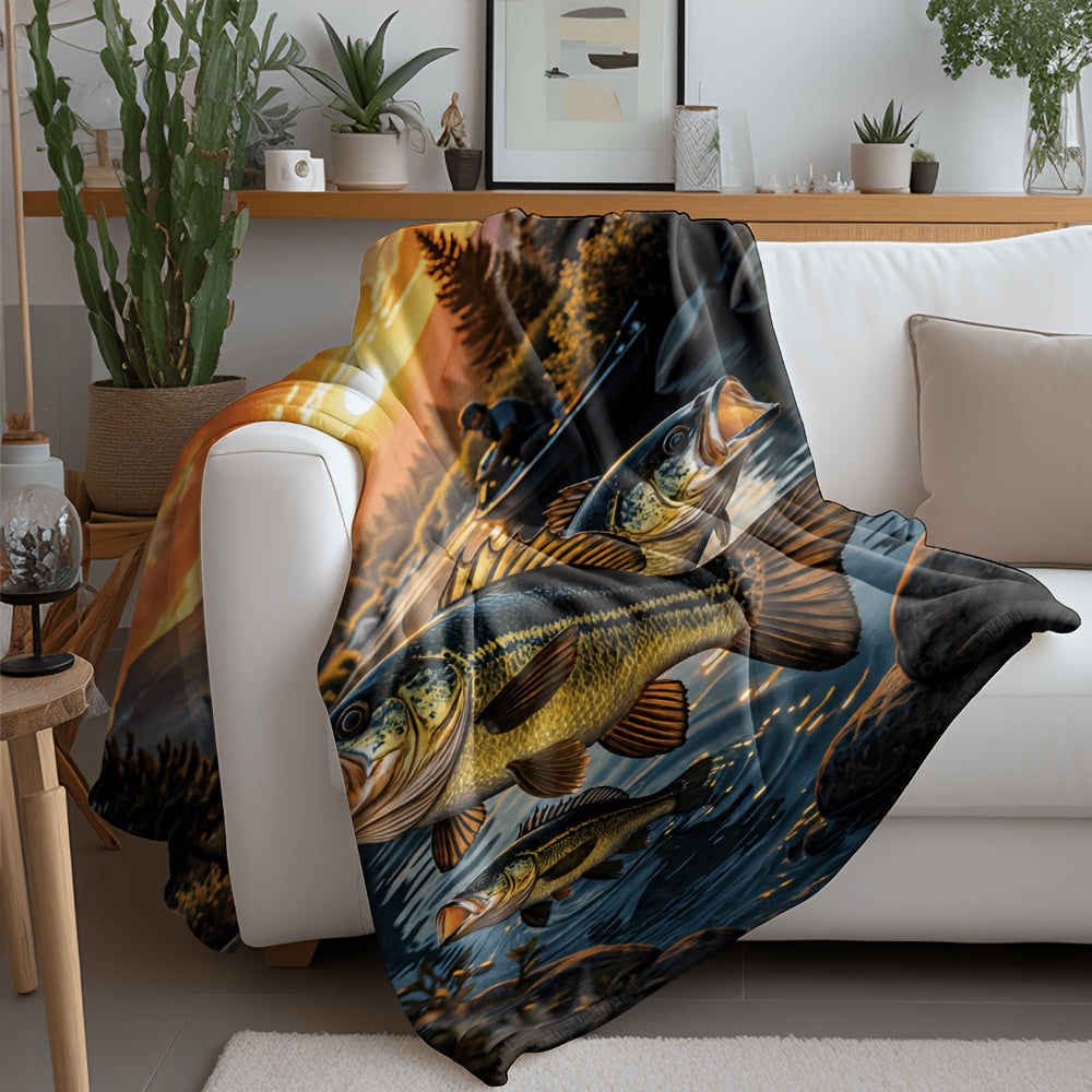 Aonana Big Bass Fishing Flannel Throw Blanket