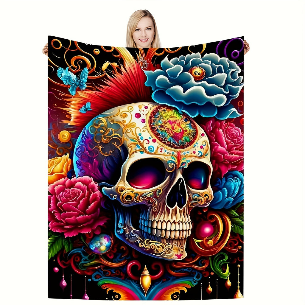 Aonana Halloween Skull Floral Flannel Blanket