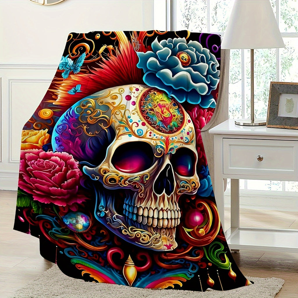 Aonana Halloween Skull Floral Flannel Blanket