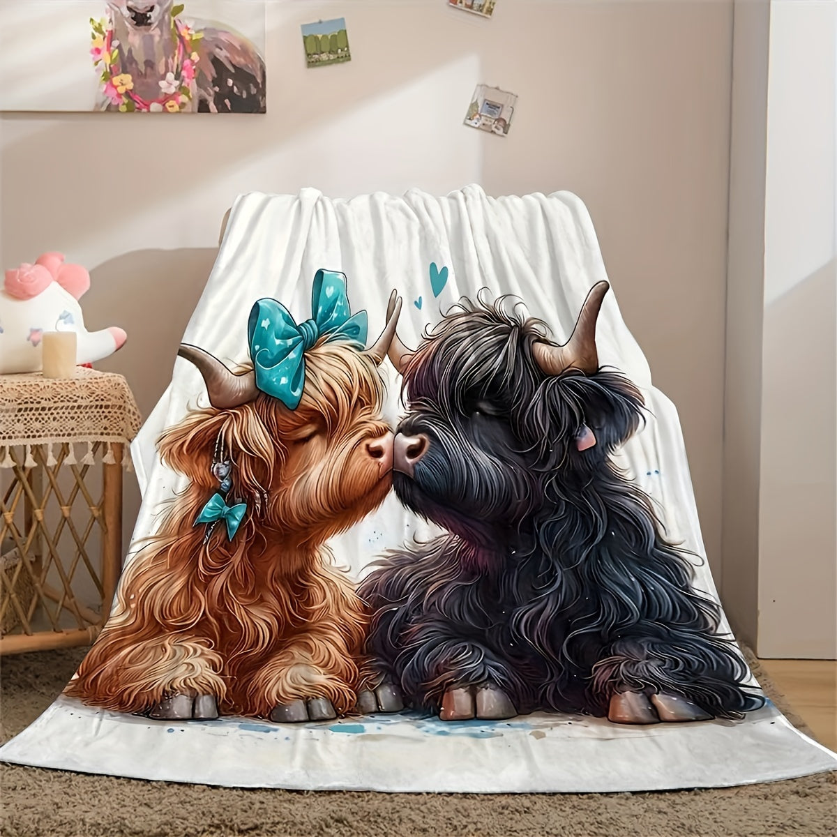 🐂【Highland Cow Series】Cute Bowknot Highland Cow Print Flannel Blanket Soft Warm Multi-purpose Gift Blanket For All Seasons