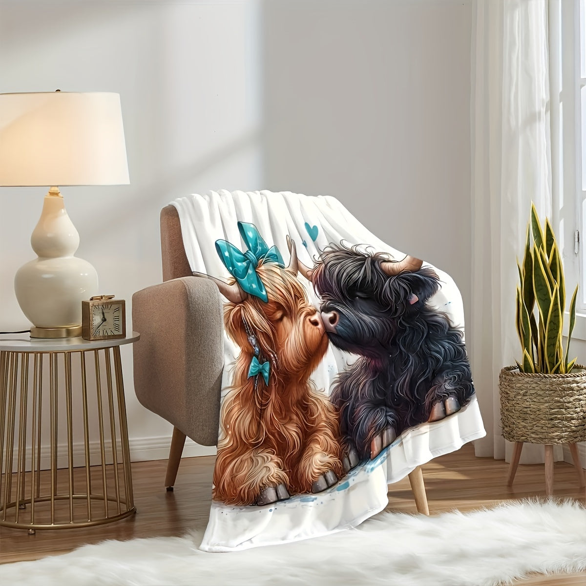 🐂【Highland Cow Series】Cute Bowknot Highland Cow Print Flannel Blanket Soft Warm Multi-purpose Gift Blanket For All Seasons