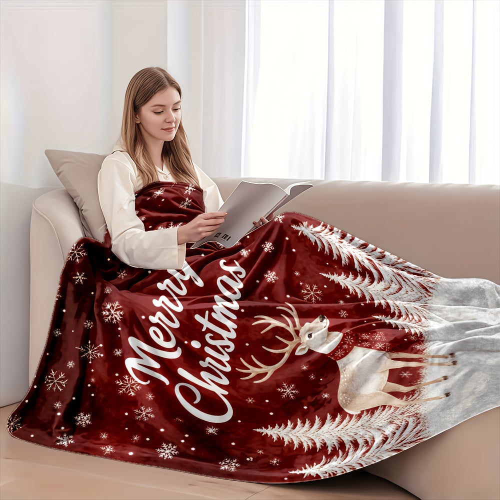 Aonana Merry Christmas Scarf Deer Printed Flannel Blanket