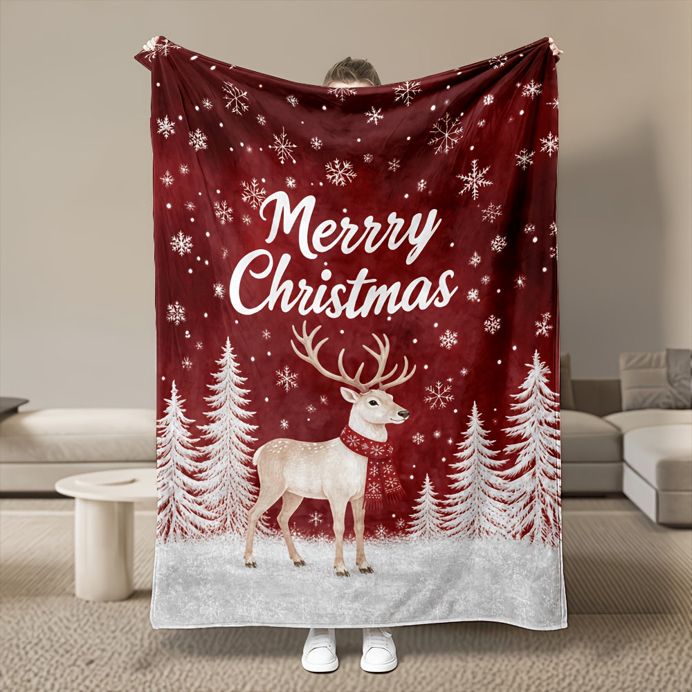 Aonana Merry Christmas Scarf Deer Printed Flannel Blanket