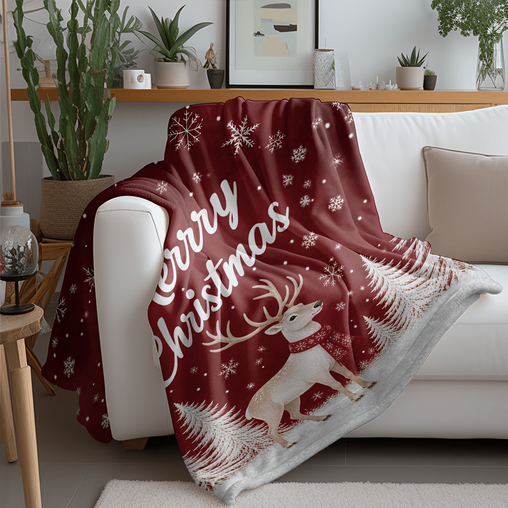 Aonana Merry Christmas Scarf Deer Printed Flannel Blanket