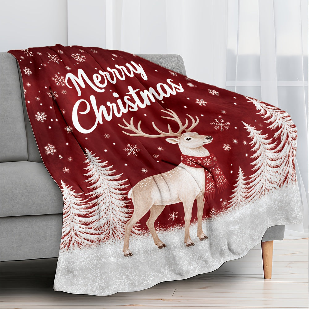 Aonana Merry Christmas Scarf Deer Printed Flannel Blanket