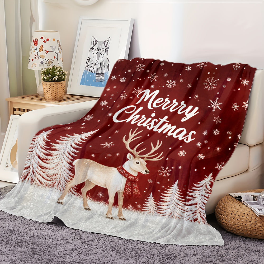 Aonana Merry Christmas Scarf Deer Printed Flannel Blanket