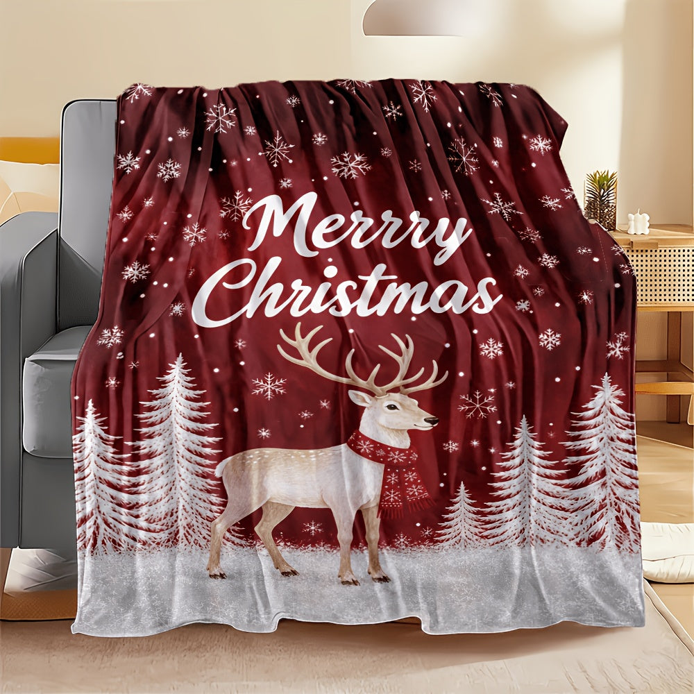 Aonana Merry Christmas Scarf Deer Printed Flannel Blanket