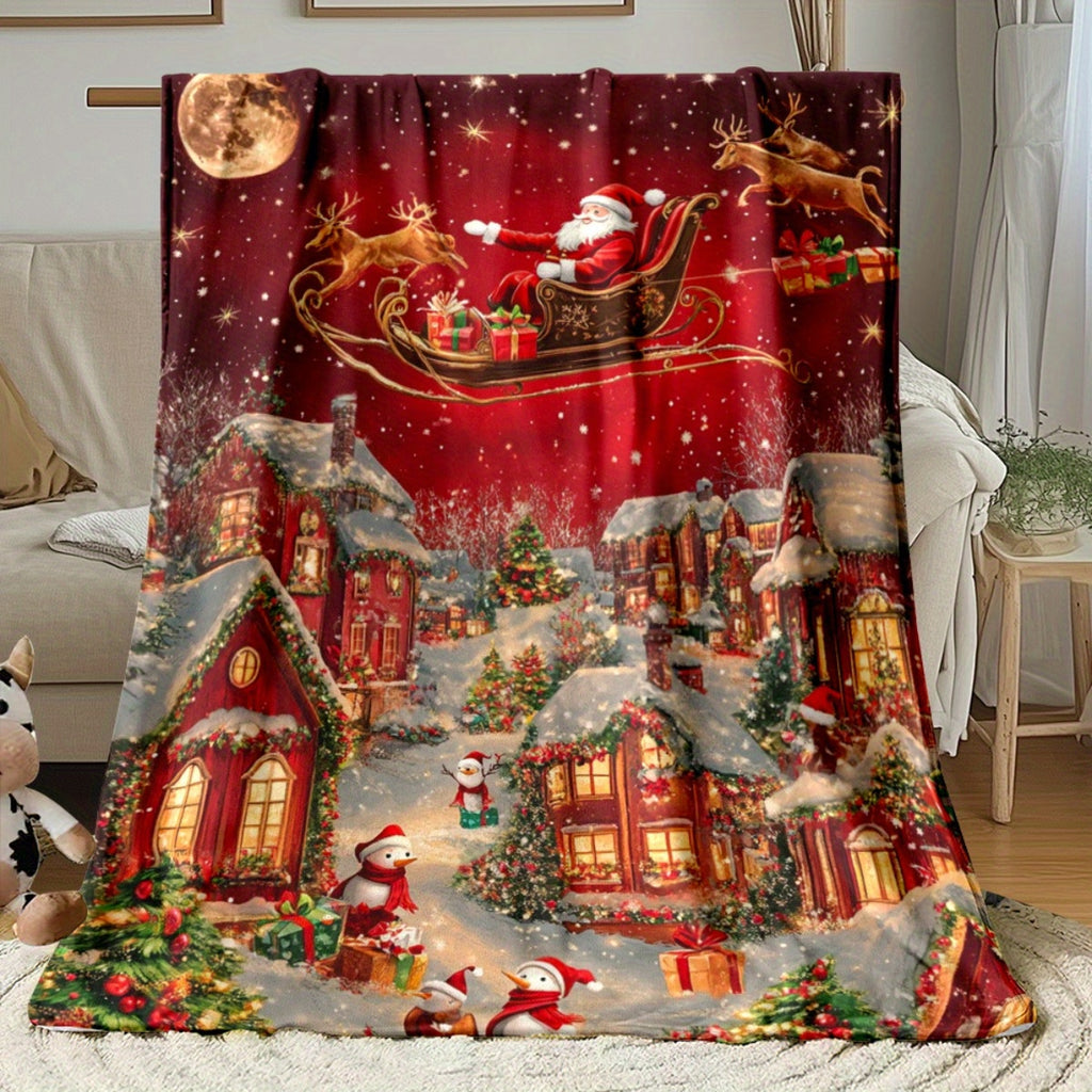 GiftoLuck Festive Santa Claus & Reindeer Christmas Flannel Throw Blanket