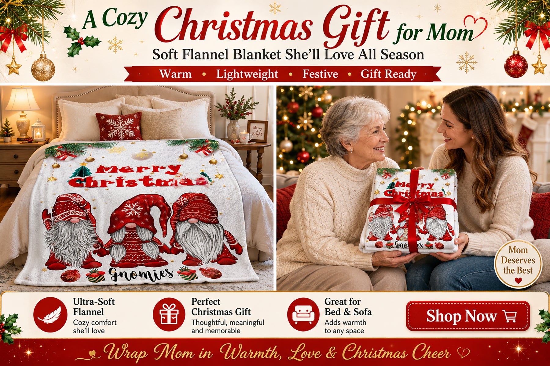 Aonana Merry Christmas Gnomies Print Flannel Blanket