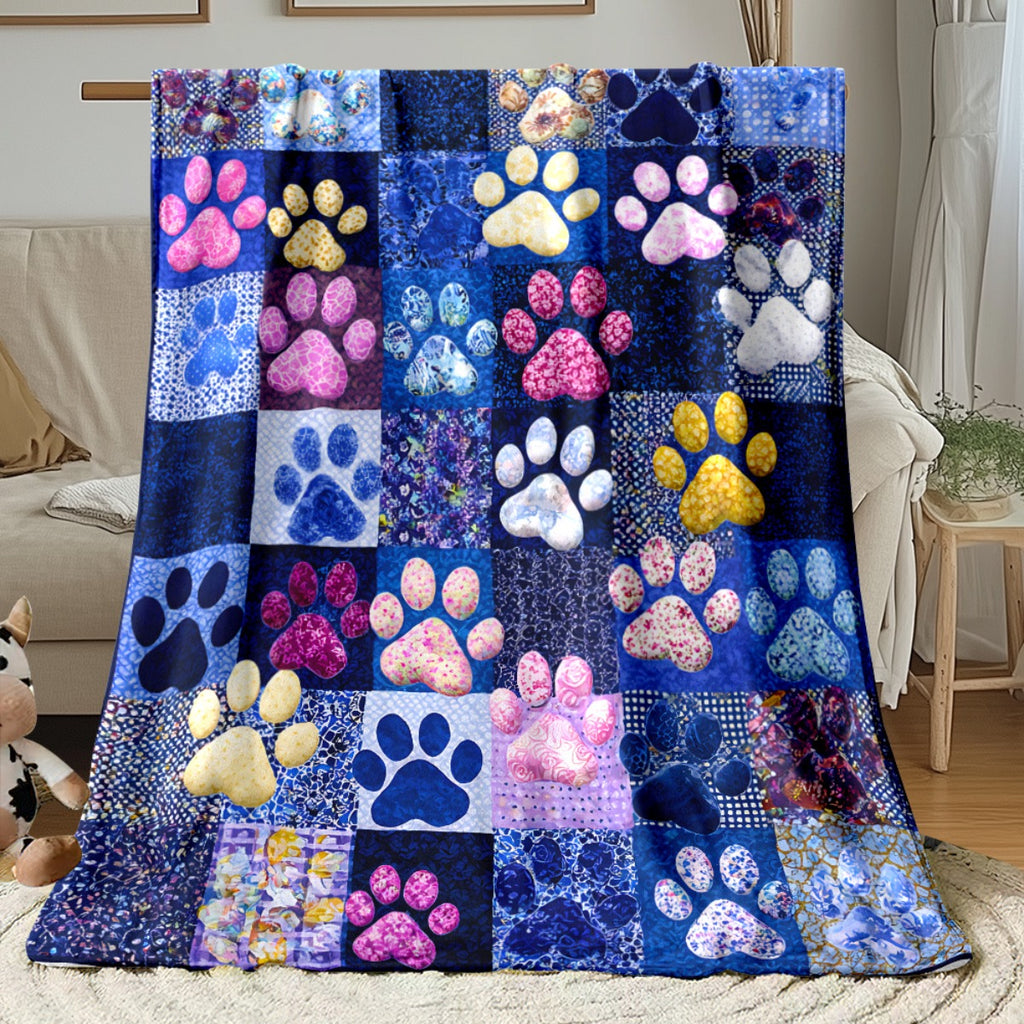 Aonana Colorful Paw Print Cozy Flannel Throw Blanket