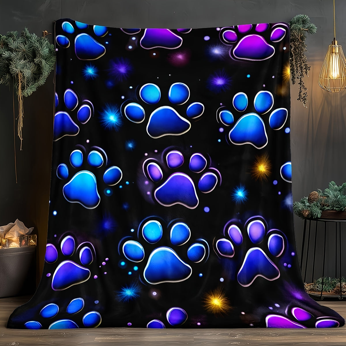 Aonana Colorful Paw Print Cozy Flannel Throw Blanket
