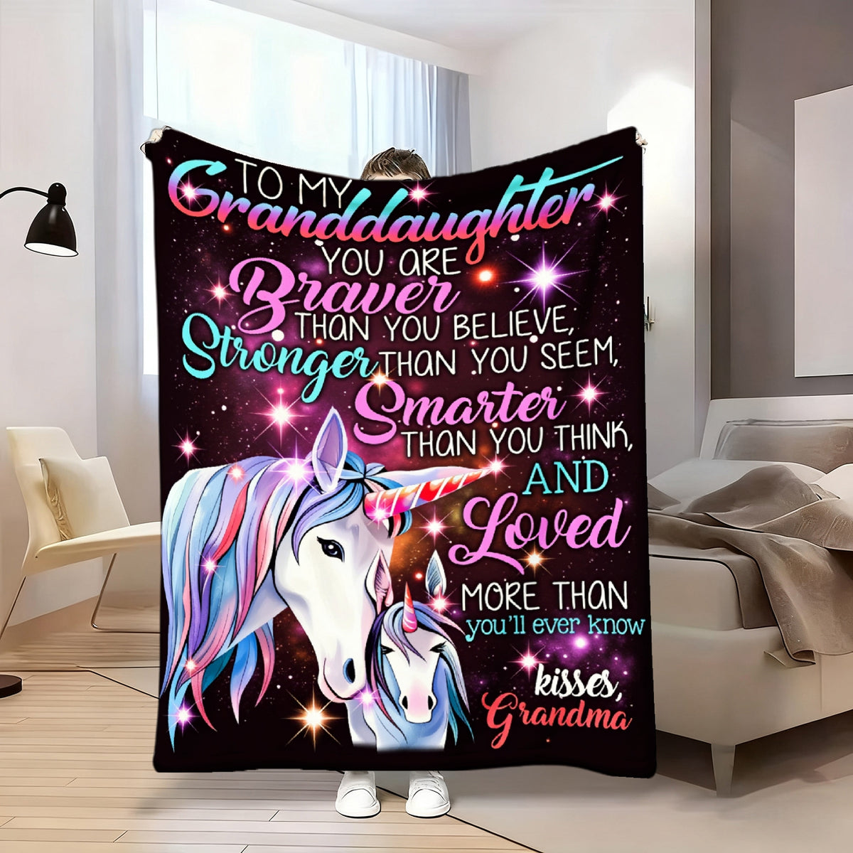 Aonana “To My Granddaughter” Unicorn Flannel Throw Blanket