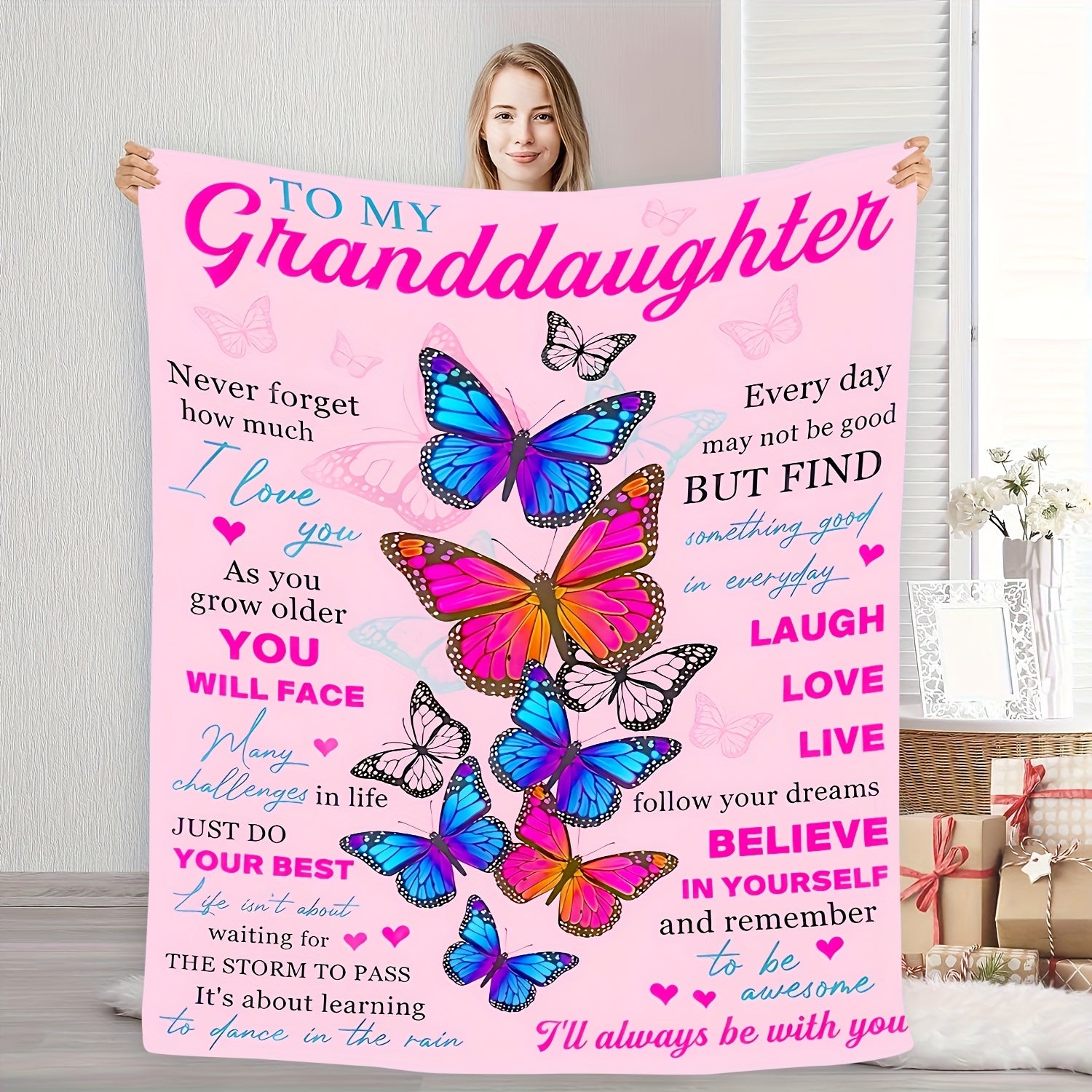 Aonana “To My Granddaughter” Warm Wishes Butterfly Flannel Blanket